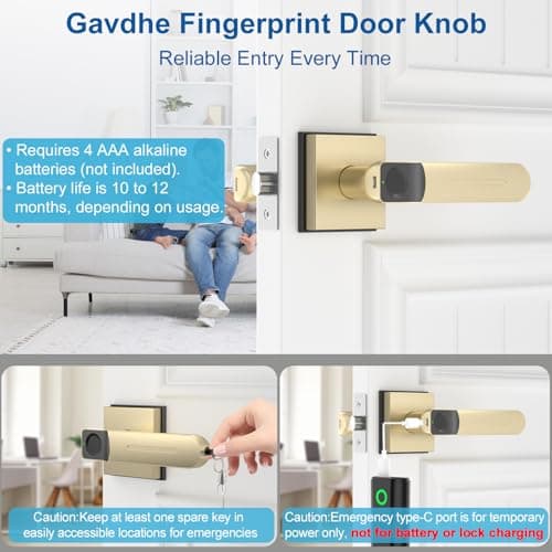 Gavdhe Fingerprint Door Lock & Biometric Door Knob with App – 3-in-1 Keyless Entry Smart Door Lock with Auto-Lock & Interior Lockable, Secure Your Home, Office, Bedroom & Apartment Gold — view 6