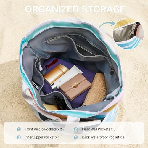G4Free Foldable Beach Bags for Women, Sandproof Waterproof Beach Tote Bags with Double Handle, Lightweight Compartment Pool Travel, Rainbow Ripples — view 6