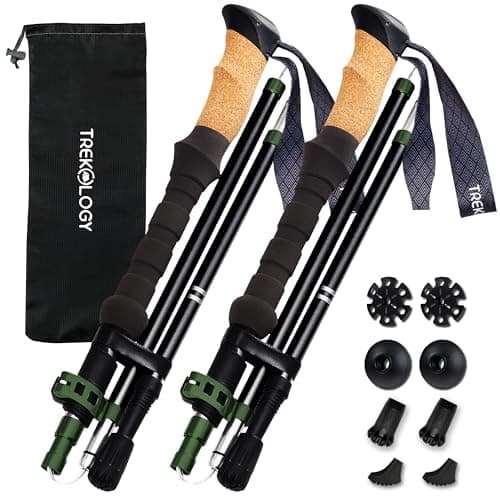 TREKOLOGY Trekking Poles – Collapsible Hiking Poles with Cork Handle - Ultralight Folding Walking Poles for Women & Men, Lightweight Aluminum Hiking Sticks & Walking Sticks (Black with Green)
