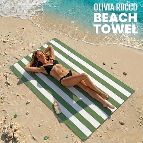 Olivia Rocco Beach Towels Extra Large Super Soft Quick Dry Sand Resistant Travel Pool Towel Lightweight Summer Holiday, Stripe Sage — view 6