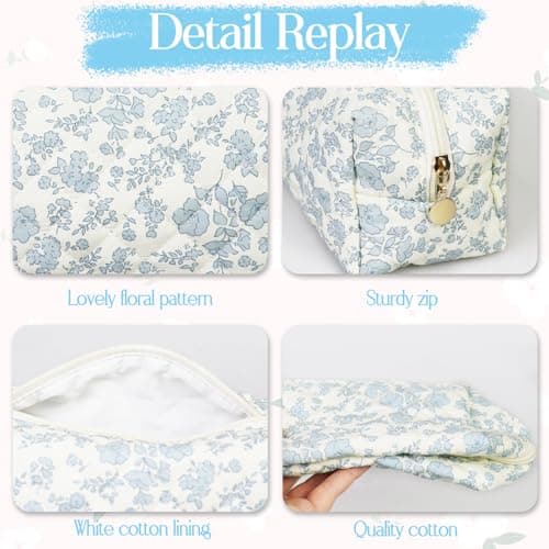 Travel Toiletry Bag, Portable Cotton Travel Coquette, Floral Makeup Bag, Quilted Cosmetic Pouch for Women Girls Bathroom Daily (Blue-02) — view 4