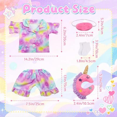 6 Pcs Baby Doll Clothes 14-17 Inch Baby Dolls, 35-43cm Dreamy Starry Doll Clothes Outfits with Gradient Pyjama Set + Pink Eye Mask+ U-shaped Neck Pillow + Socks Baby Doll Accessories for Kids Gift — view 2
