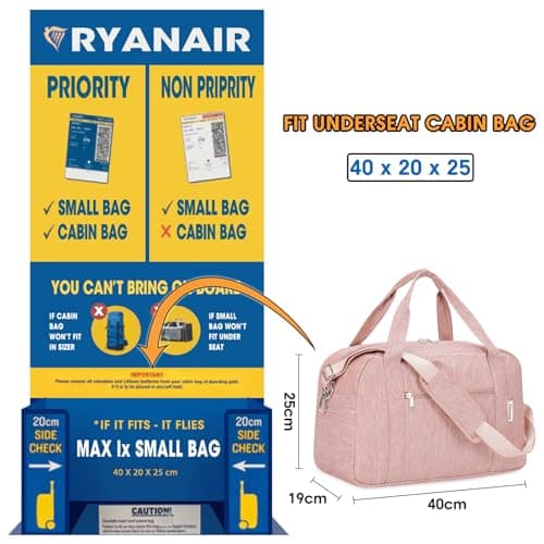 Narwey for Ryanair Cabin Bags 40x30x20 Underseat New Ryanair Travel Duffel Hospital Bag Ryan Air Carry on Luggage Holdall Overnight Weekend Bags for Women and Men 20L (Pink) — view 3