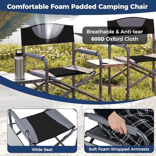COSTWAY Folding Directors Chair, Oversized Camping Chairs with Side Table and Cup Holder, Outdoor Heavy Duty Beach Chair for Lawn Picnic Hiking Fishing (Black, 82 x 46 x 88cm, no Storage Pocket) — view 4
