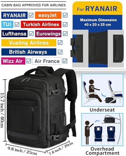 KLOSTAIN Cabin Bags 40x20x25 for Ryanair Underseat Travel Backpack Hand Luggage Carry-ons Bag Cabin Size 20L for Airplanes Flight Ruscksack Black — view 2