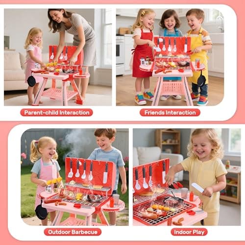 CUTE STONE Kids BBQ Grill Playset, Toy Grill Cooking Set with Sound, Lights & Spray, Play Grill Included Cookware, Play Kitchen Accessories, Play Food,Indoor Outdoor Kitchen Playset for Toddlers Girls — view 2