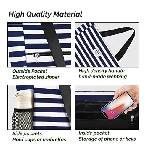 HOMESPON Large Waterproof Beach Tote Bag with Zip and Pockets for Women (Blue & White Stripe) — view 5