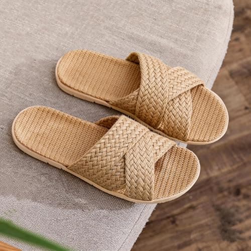 Women'S Linen Woven Sliders, Summer Wide Fit Open Toe Slippers Flats Slip-Resistant Flax Slides Sandals Slip On House Bamboo Shoes Lightweight Classic Indoor Footwear Casual Comfort Sandal For Shower — view 6