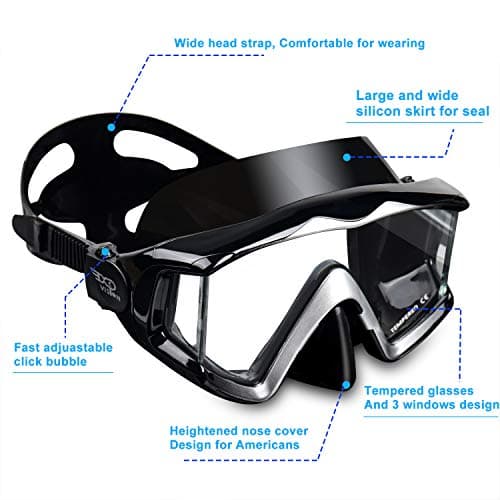 Adult Pano 3 Panoramic Scuba Diving Mask, Tempered Glass Snorkeling Dive Mask, Premium Swim Goggles With Nose Cover Snorkeling Gear for Snorkeling, Freediving, Swimming (Cool Black) — view 3