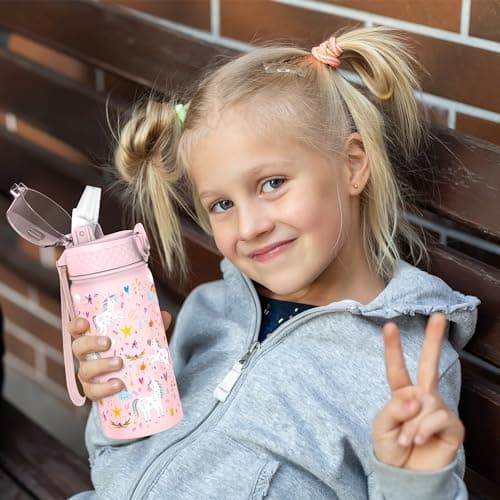 GOPPUS 420ml/14oz Kids Insulated Water Bottle with Straw Cute Double Wall Stainless Steel Child's Small Flask Vacuum Insulated Steel Metal Leak Proof Drink Flask Boys Toddler Girls Bottles BPA-Free — view 5