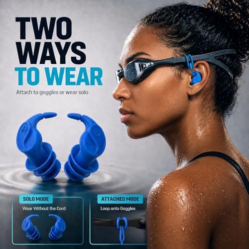 Waterproof Swim Earplugs for Adults - 4 Pairs Waterproof Silicone Ear Plugs with Removable Cord, Two Wearing Styles, Attaches to Goggles, Reusable for Pool, Surfing — view 2