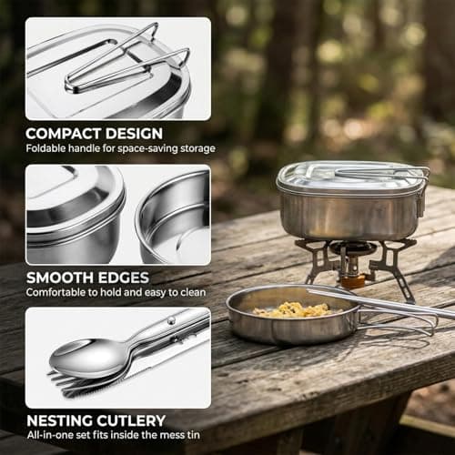 Mess Tins For Camping, 6 pieces Camping Cooking Set Stainless Steel Camping Pan Set - Foldable Outdoor Cookware Set Withcamping Frying Pan, Mess Tin, Cutlery - Ideal for Outdoor Adventures — view 3