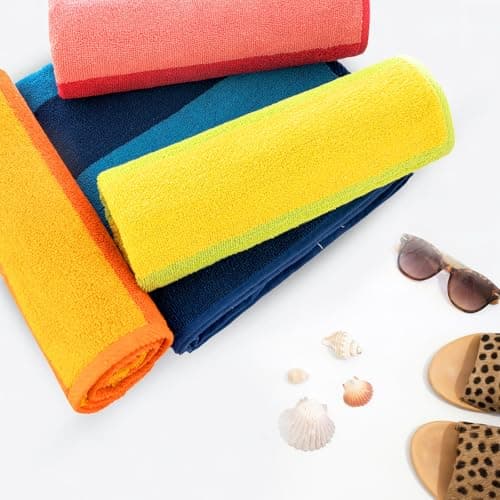 CASA COPENHAGEN Malibu Towel 4Pcs Orange,Ocean Blue,Blush Pink,Olive Green Designer Stripe Beach Towels Gift Set 30"x60" Oversized 100% Cotton Pool Bath Towel for Beach (Gift Set For Women & Men) — view 6