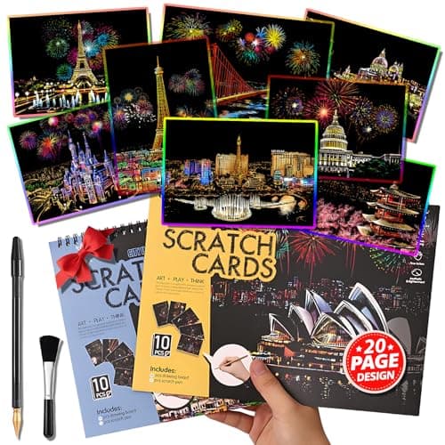 20-Page Scratch Art Book for Adults and Teens, Colourful City Landmark Set