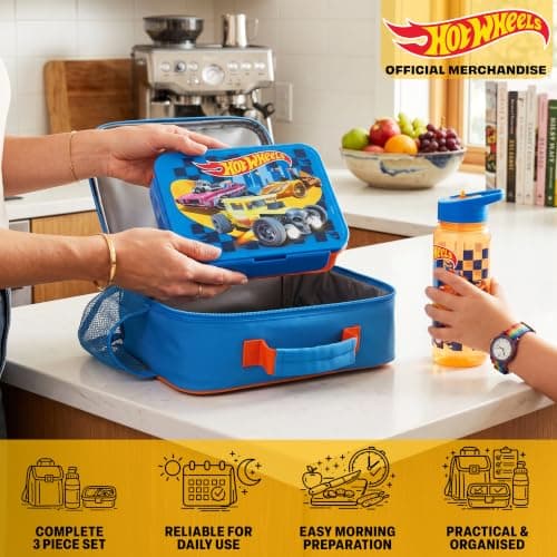 Get Trend Hot Wheels Kids Insulated Lunch Bag 3Pc Set with Bento Lunch Box & 640ml BPA-Free Water Bottle with Straw, Kids Snack Box with Compartments, School Supplies Boys Gifts (Multi Hot Wheels) — view 2