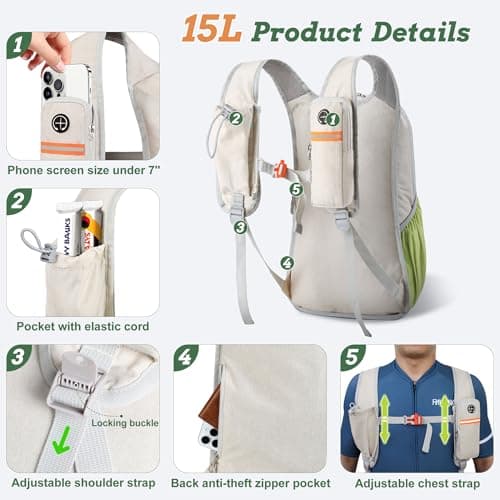 BECOJADDE 15L Hiking Backpack for Men Women Foldable Small Rucksack Lightweight Mini Backpack for Camping Travel Outdoor, Beige Green — view 2