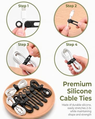 12 Pack Cable Ties Silicone Reusable Cable Straps for Desk Management Black — view 2