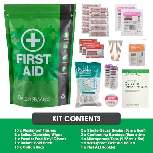Deca+Med 30+ Piece Waterproof First Aid Kit with Recyclable and Resealable Pouch | Safety Essentials for Outdoors, Camping, or When Travelling | Includes Instant Cold Pack, Bandages, Plasters & More — view 2
