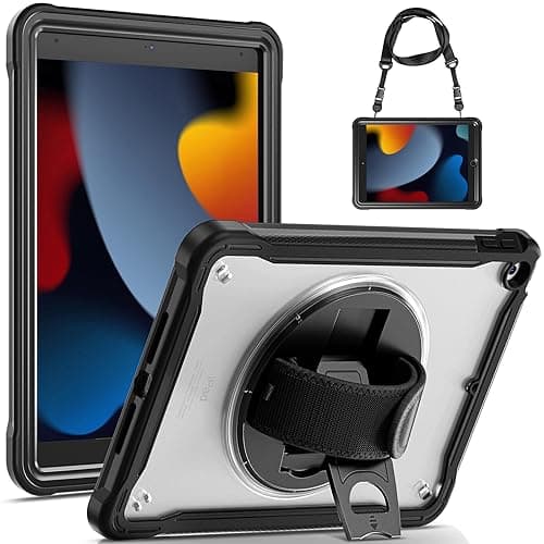 Gerutek Case for iPad 9th/8th/7th Generation 10.2 Inch, Heavy Duty Shockproof, Rugged Cover with 360° Rotating Stand & Hand Strap, Shoulder Strap, Drop Protection Shell with Clear Back, Black