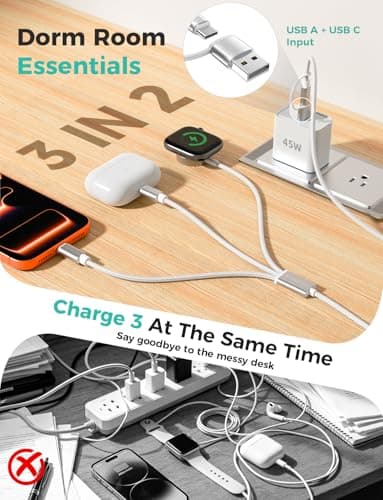 2Pack Travel Essentials,3 in 2 USB C Cable for Apple Watch Charger,iPhone Charger,Multi Charging Cable,Cruise Vacation Camping,Portable for iWatch Series 11-2/Ultra/SE & iPhone 17-12,Car,White-6FT — view 2