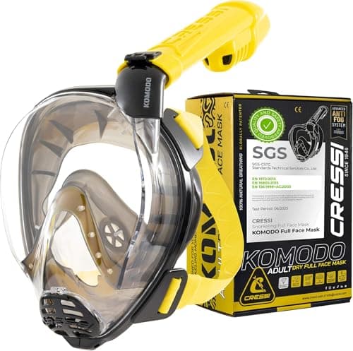 Cressi Komodo Full Face Dry Snorkelling Mask - 180° Panoramic View Snorkelling Mask - Dry Side Snorkel & Adult Snorkel Set - CO2 Safe Silicone Skirt & Scuba Equipment - Black/Yellow - M/L