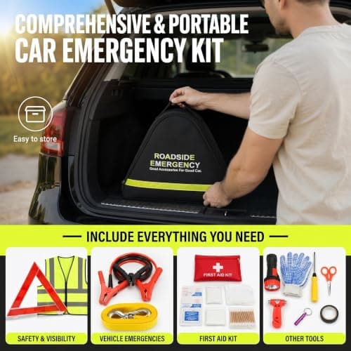 Emergency Breakdown Kit, 76 in 1 Multifunctional Roadside Assistance Car Breakdown Kit with Jumper Cables, Tow Rope, Triangle, Flashlight, Safety Hammer, etc — view 2