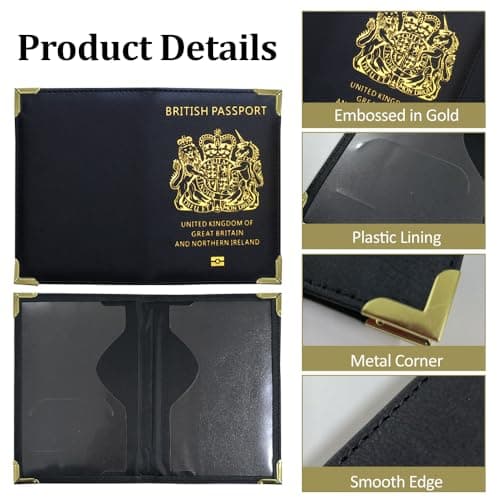 Glanzend British Passport Holder | UK Passport Wallet | UK Passport Cover for Travel Business Cards Credit Cards and Boarding Passes | Non EU | Premium PU Leather | Gold Protective Corners | Black — view 3