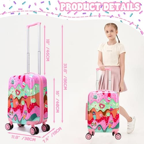 Inprof Kid's Luggage Set 2 Piece Suitcase Set Hardside Luggage with Spinner Wheels Boys Carry on Toddler Travel Rolling Suitcase with Hard Shell Airline Approved, Pink 01, 16 inch, Luggage Sets — view 2