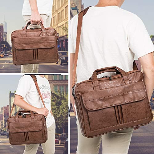 seyfocnia Mens Laptop Bag, PU Leather Messenger Bag Water Resistant Business Travel Briefcase, Work Computer Bag Satchel Bag for Men（17.3 Inch Brown） — view 2