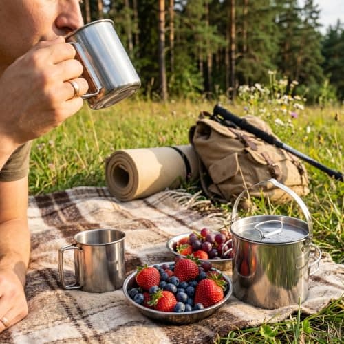 Stainless Steel Camping Cookware Set with Pot Cups Bowls Nesting — view 5