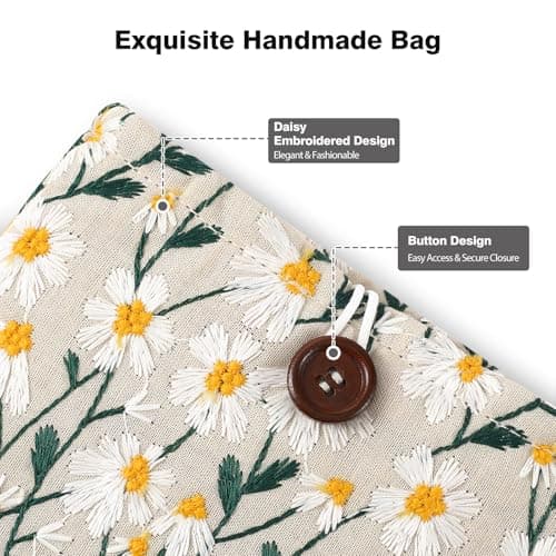 MoKo 6-7 Inch Embroidered Daisy Padded Sleeve Pouch for Kindle Paperwhite 12th Gen 2024, 2022-2016, Oasis, Voyage, Kobo eReader - Beige — view 4