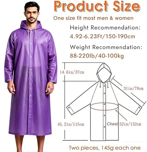 JXJIUA Rain Poncho Raincoats for Adults Men/Women, 2 Pack Reusable Rain Jacket Rainwear with Hoods and Sleeves, Waterproof for Emergency, Outdoors, Camping(Purple) — view 2