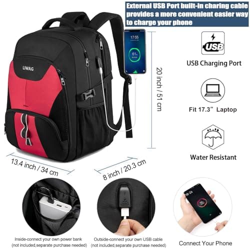 LIWAG Extra Large 50LTravel Laptop Backpack with USB Charging Port, Red — view 2