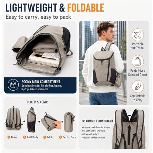 NWDEY Lightweight Foldable Backpack, Waterproof Small Rucksack with Flip Top Main Compartment, 160g Packable Casual Daypack for Men Women Kids, Perfect for Hiking Camping Travel Cycling (Light Grey) — view 4