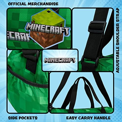 Minecraft Gym Bag for Kids Teens Travel Overnight Sports Duffle Bag Adjustable Strap Kit Bag Large Holdall Gamer Hand Luggage Bag (Green, 41x19x18cm) — view 3