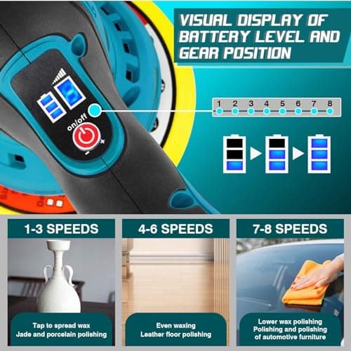 Car Polisher, Electric Car Polisher with 2 Battery Packs and Charger, 8 Variable Speeds 2800-5500RPM, Electronic Display, Rotary Polishing Machines with Sanding Buffing Pads Waxing Cleaning Kit — view 4