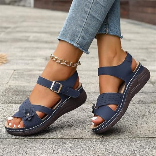 Orthopedic Sandals for Women UK Plantar Fasciitis Comfort Wedge Sandals Open Toe Ankle Strap Sandal Summer Wide Fit Cushion Walking Shoes Ladies Casual Summer Sandal with Arch Support 2-Navy, 5 — view 3