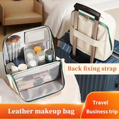 ningzhi Large PU Leather Travel Makeup Bag, Portable Cosmetic Bag with Makeup Brush Organiser Water-Resistant Portable Magnetic Vertical Makeup Bag with Handle,for Women Travel Essentials — view 2