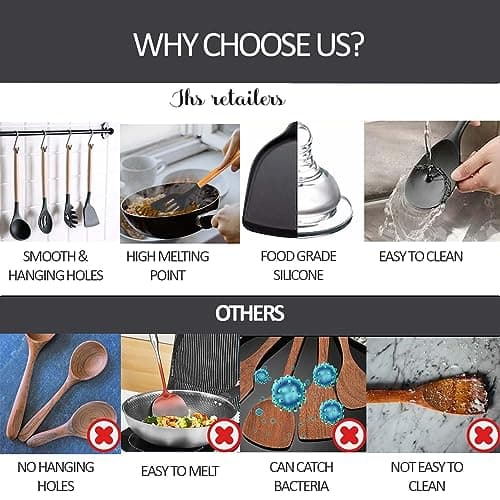 22 Pcs Black Silicon Kitchen Utensils Set with Holder-BPA Free Silicone Cooking Utensils Set for Non-Stick Pans-Heat Resistant Wooden Handle Silicone Spatulas for Cooking, Used as Camping Utensils Set — view 3