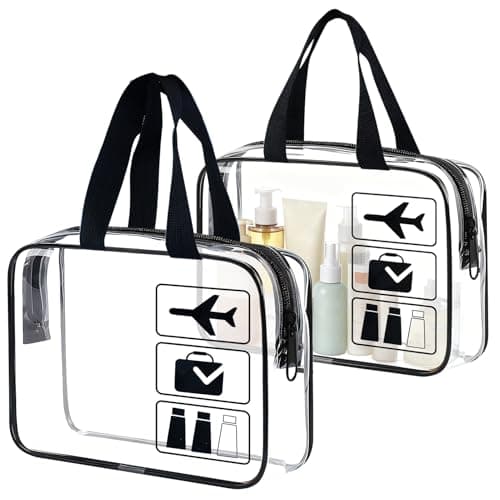 2pcs Clear Travel Toiletry Bags Handles Travel Wash Bag Travel Bag Airport Security Carry On Liquid Bag Cosmetic Pouch Shower Bag Transparent Toiletries Bags (Black)