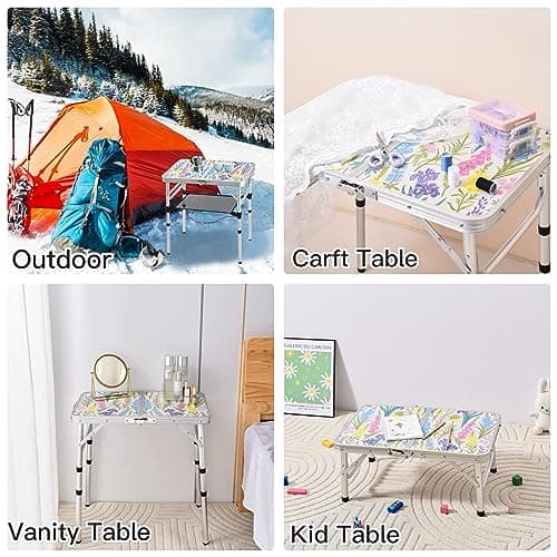 Yriuat Folding Camping Table 2ft Portable Pinic Table Adjustable Height Small Card Table Aluminum Foldable Lightweight with Carry Handle for Outdoor Indoor Hiking Camp BBQ Beach (Blooming Floral) — view 6