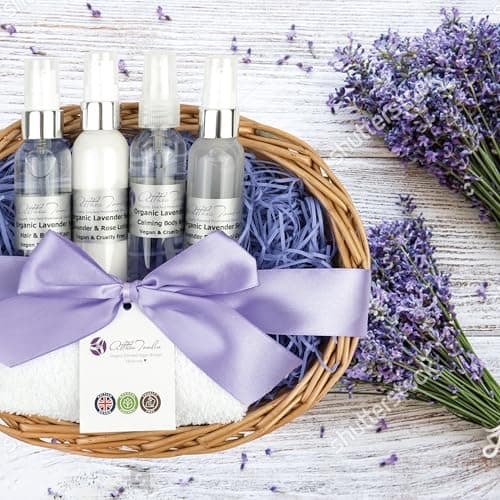 Mums and New Mums Lavender Basket for women, pamper set pamper gift basket with calming lavender spray, body cool gel, body lotion, gift boxed with ribbon and tag — view 3