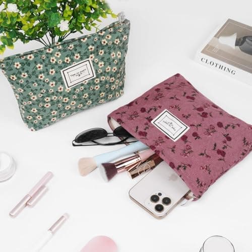 Aucuu Cosmetic Bags, 2 Pcs Small Floral Canvas Cosmetic Bag, Rose Flower Printing Corduroy Toiletry Bag, Multifunctional Travel Makeup Bag with Metal Zipper for Women Girls Gift-Pink&Green Flower — view 6