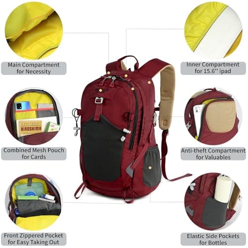 Lightweight Hiking Backpack, 20L Women/Men Waterproof Travel Rucksack Bag with Rain Cover, Outdoor Small Foldable Daypack for Student, Fit for 12.9 inch Laptop, Wine Red — view 5