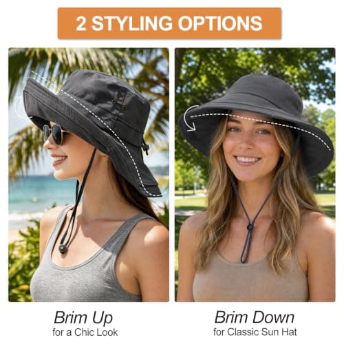 AYPOW Women Sun Hat UV Protection Wide Brim Bucket Hats, Quick-Drying Water-Resistant Fold Up Brim Summer Beach Cap, Foldable Adjustable Garden Caps for Outdoor Fishing Travel Hiking Dark Grey — view 4