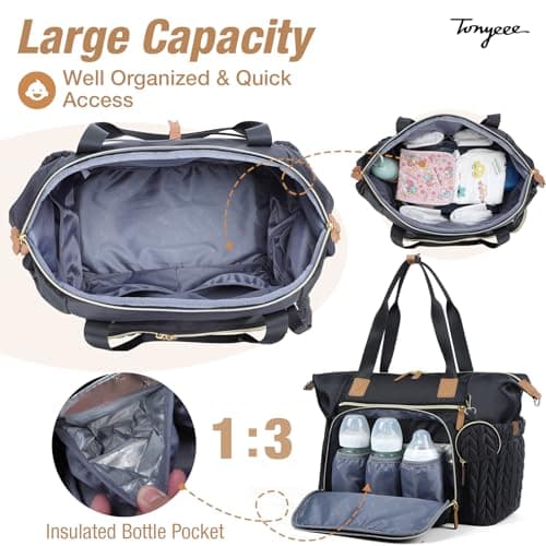 Tonyeee Baby Changing Bag Tote, Large Nappy Diaper Tote Bag for Mum Dad, Travel Baby Bag with Changing Mat, Pacifier Case, Insulated Bottle Pocket, Black — view 3
