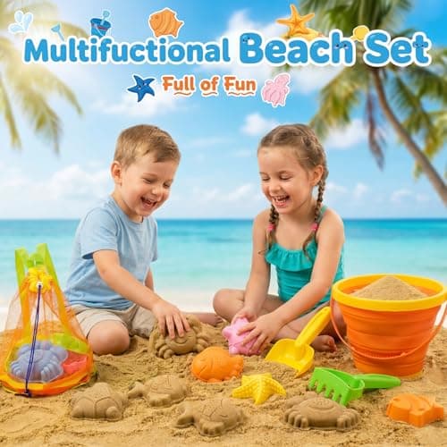Beach Sand Toys Set for Toddlers, Portable Travel Beach Toys with Collapsible Bucket, Shovel, Rake, Molds & Mesh Storage Bag for Kids, Summer Gift (Sunset Orange) — view 2