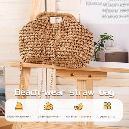 WHGHG 1 Pack Raffia Crossbody Bags for Women, Brown Straw Bag with Canvas Lining, Boho Raffia Clutch Bag for Summer Beach Holiday Wedding, Handwoven Shoulder Handbag, Eco-Friendly Vacation Purse — view 4