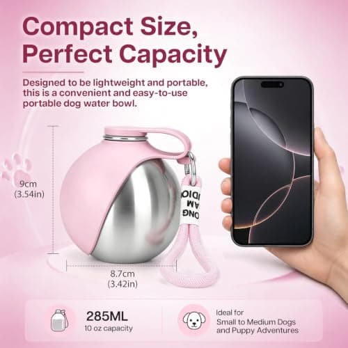 Foldable 2 in 1 Portable Dog Water Bottle, 285ml/10oz Stainless Steel Dog Travel Water Bottle, Leak-Resistant Travel Pet Water Dispenser with Foldable Silicone Bowl for Walking, Camping(pink) — view 2