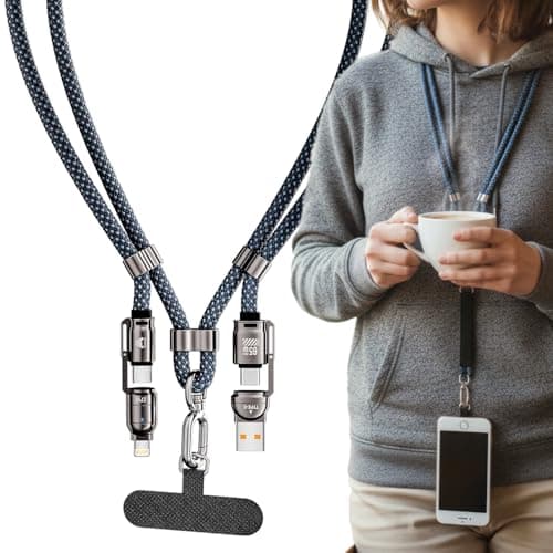 Mobitel Phone Lanyard Charging Cable 65W 4-in-1 USB C Fast Charging Cable Crossbody Anti-Theft Phone Lanyard USB-A USB-C to USB-C & iPhone Cable 1.2m Charging Strap for iPhone Samsung Google Pixel
